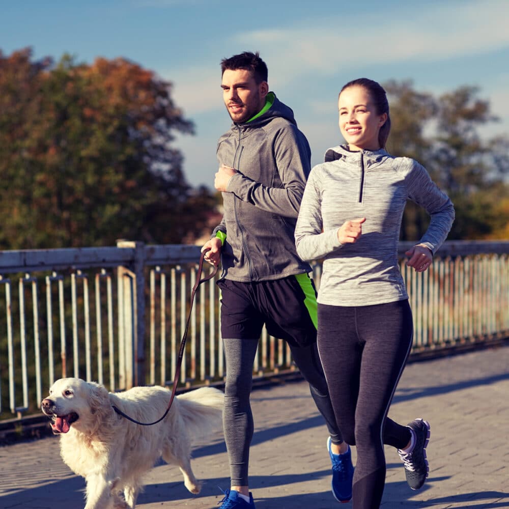fitness, sport, people and lifestyle concept - happy couple with dog running outdoors